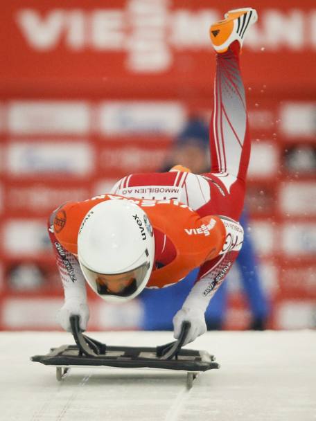 Ronald Auderset si lancia in pista nella gara di skeleton di coppa del Mondo a Calgary (Ap)